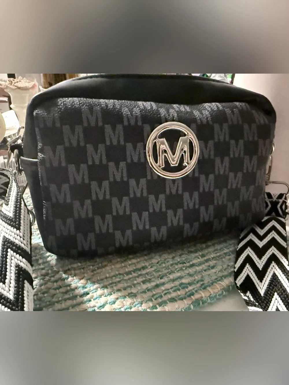 Monogram M Logo Black Crossbody Bag - Silver Hardware